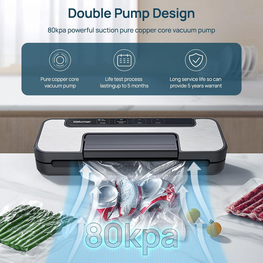 Vacuum Sealer with Double Pump - Lock in Freshness, 5X Longer.