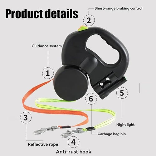 Double Retractable Dog Leash with LED Handle